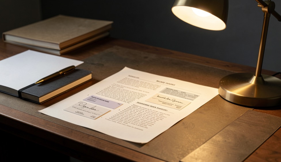 Editorial desk with release cards, source notes and a warm desk lamp