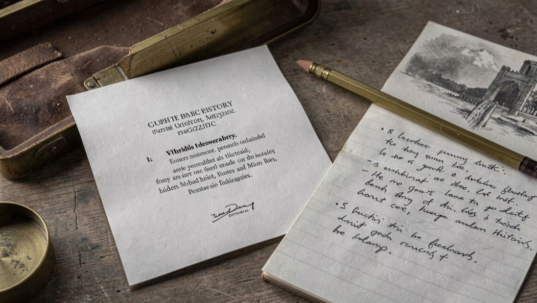 Editorial byline card, pencil and session notes beside a brass case