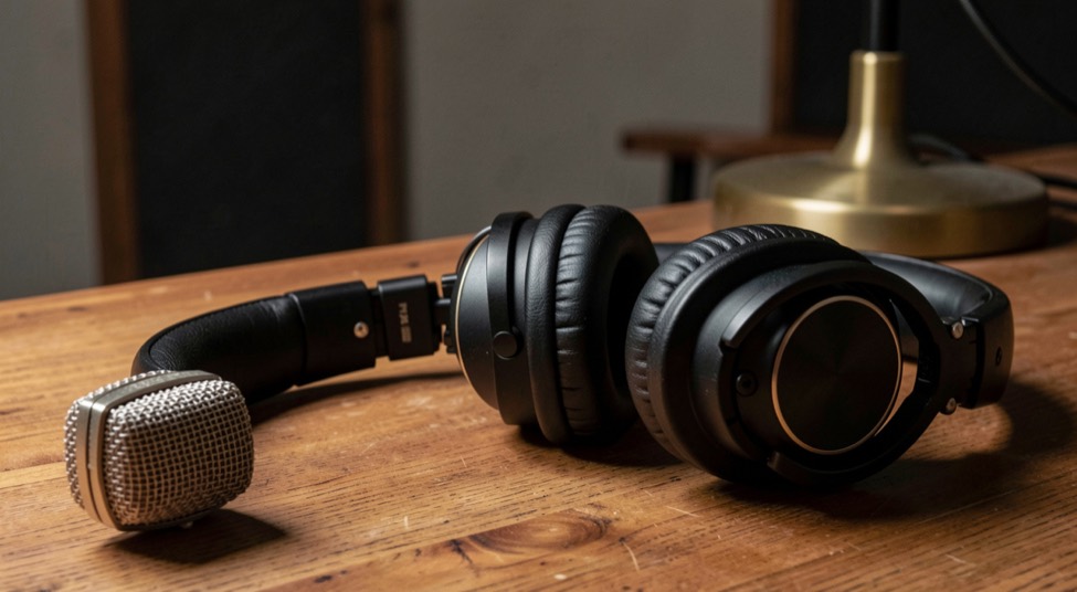 Studio microphone and headphones resting on a warm wooden recording desk