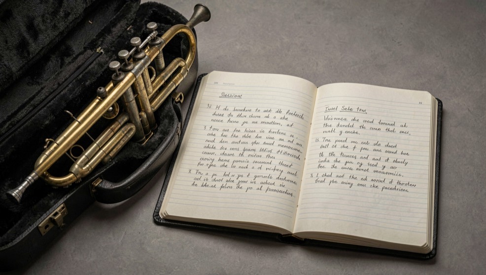 Open session notebook beside a trumpet case and handwritten instrument notes