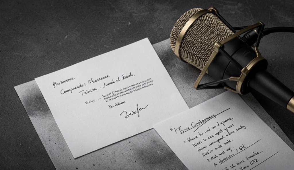 Correspondence card and source notes beside a studio microphone
