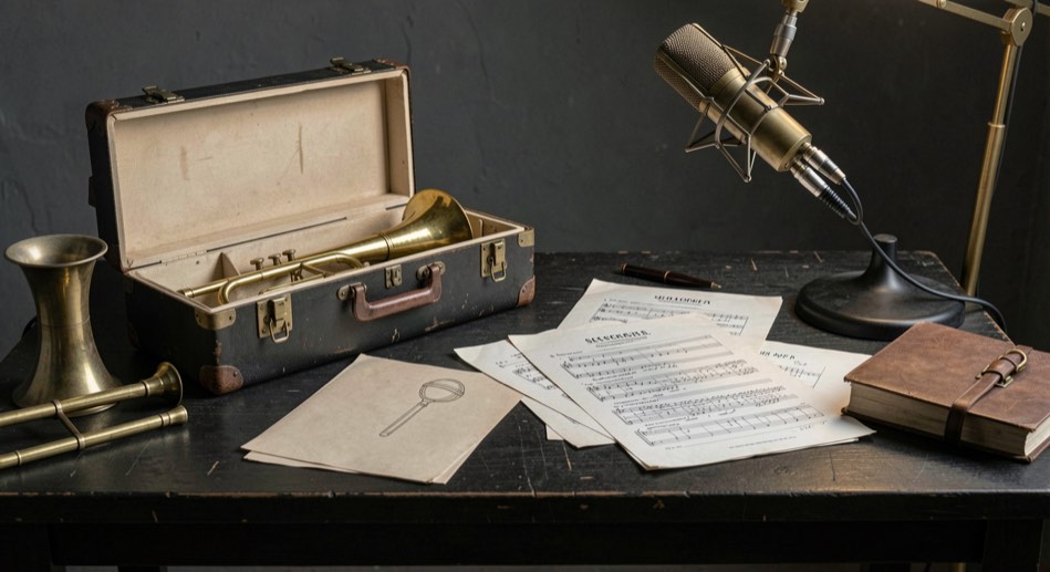 Brass cases, session sheets and a studio microphone arranged on a dark editorial worktable