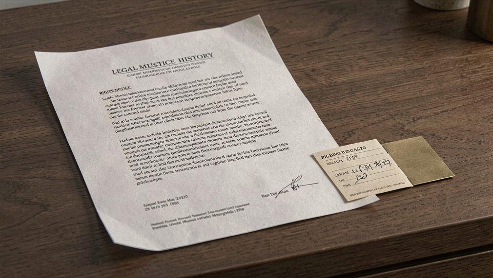 Legal notice, rights notes and a catalog card on a quiet desk
