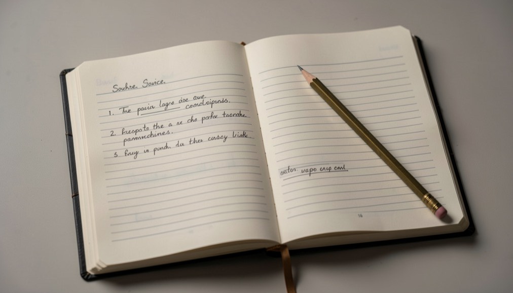 Open methodology notebook with ruled source comparisons and a sharpened pencil