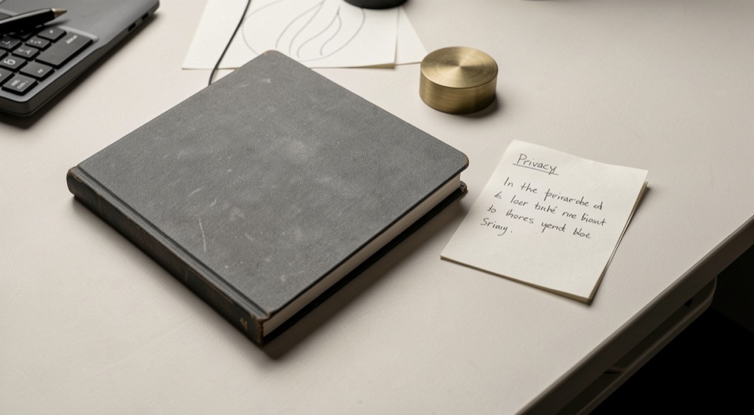 Closed notebook and simple privacy notes on a clean editorial desk