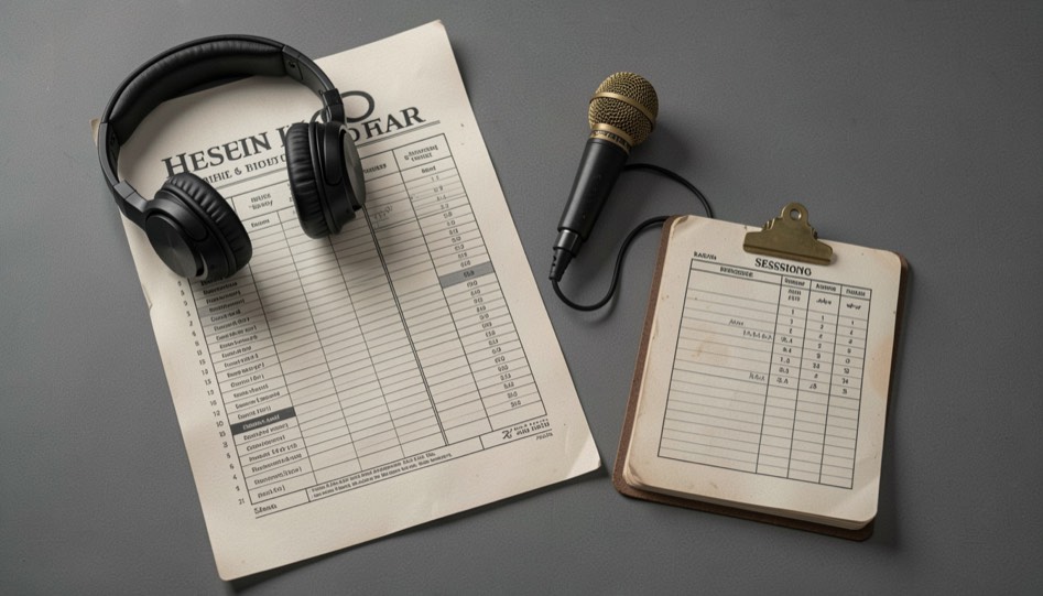 Radio cue sheet, headphones and a session ledger beside a small microphone