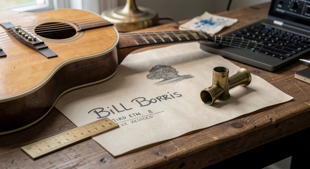 Jazz guitar, brass mouthpiece and session ruler on a desk for the Bill Boris record entry