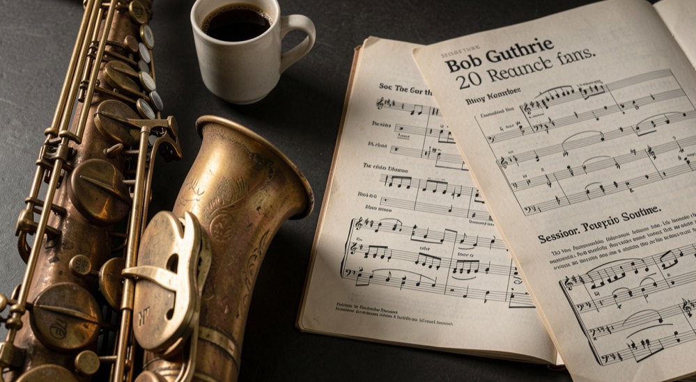 Tenor saxophone neck, coffee and a session chart for the Bob Guthrie record page