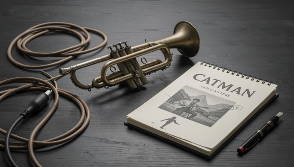 Muted trumpet, blues notebook and studio cables for the Catman catalog entry