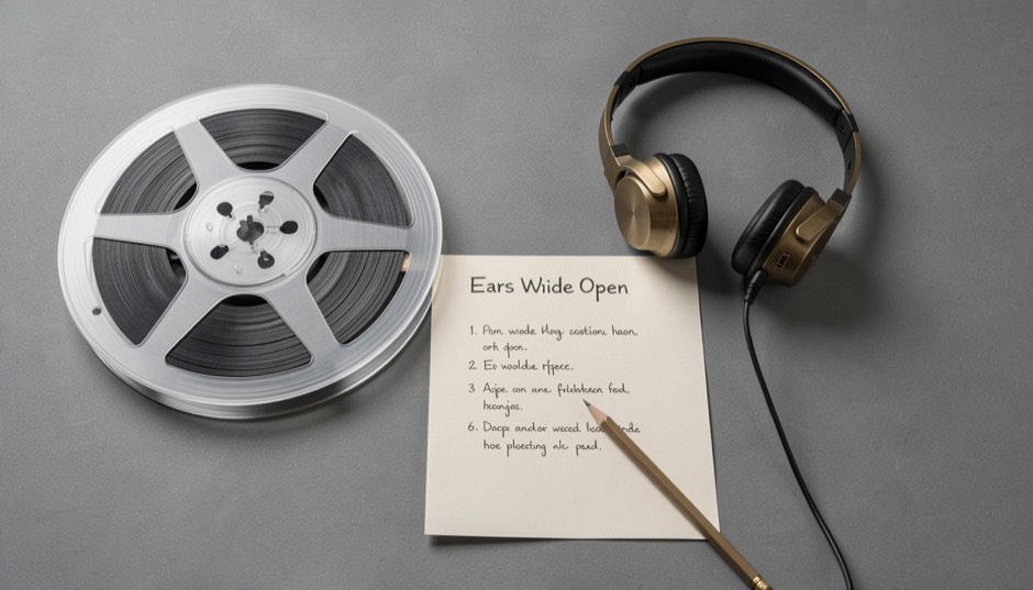 Open reel tape, headphones and a pencilled listening log for Ears Wide Open