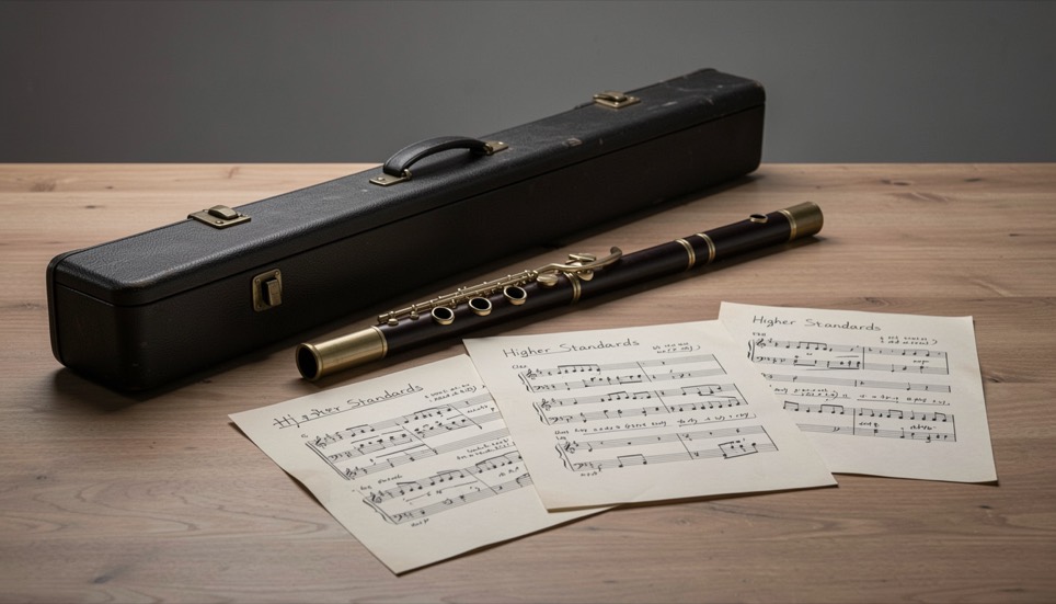 Flute case and three annotated lead sheets on a quiet studio table for Higher Standards