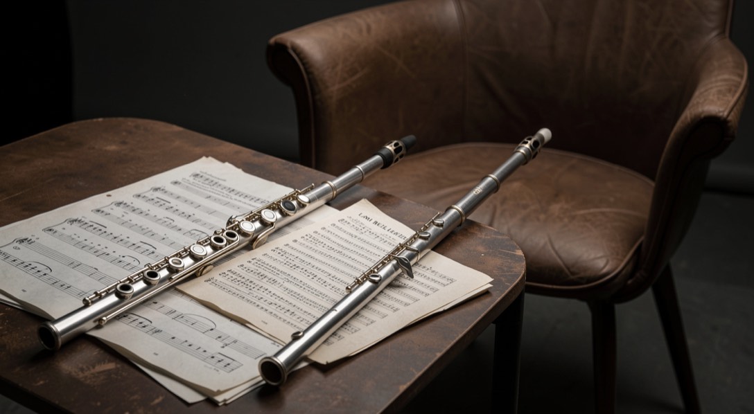Silver flute, rehearsal pages and a softly lit studio chair for a Lori Bell release record
