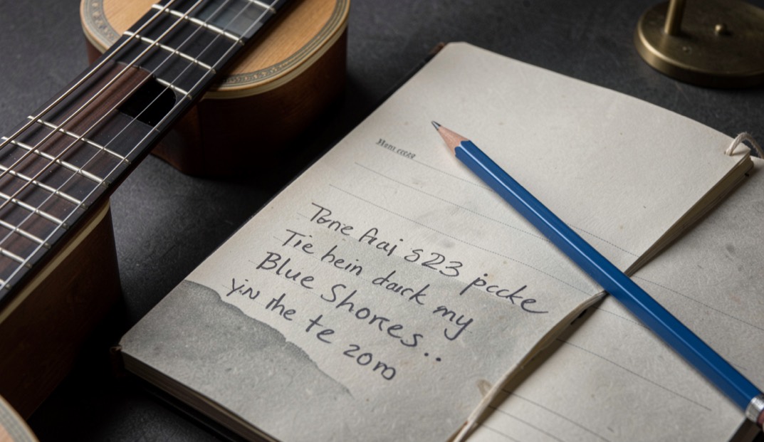 Guitar strings, tide-marked notebook and blue session pencil for Blue Shores