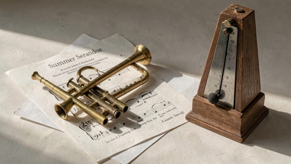 Sunlit brass valves, summer session sheet and a wooden metronome for Summer Serenade