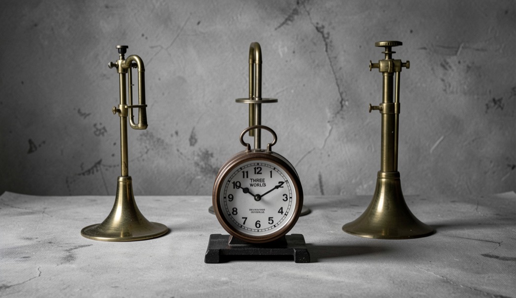 Three brass stands and a marked session clock for the Three Worlds release record