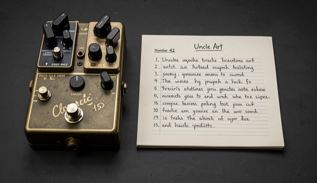 Electric guitar pedals, brass case and a handwritten track sheet for Uncle Art