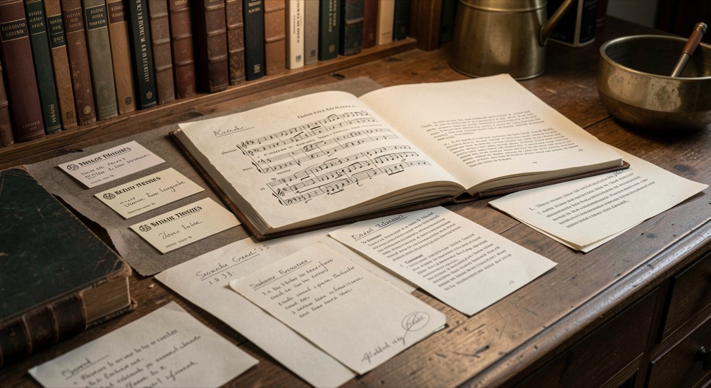 Library cards, archive notes and music database references on a reading desk