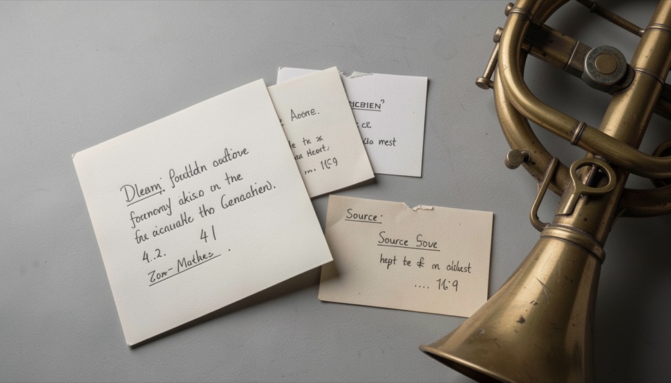 Clearly labelled partnership note beside source cards and a brass instrument